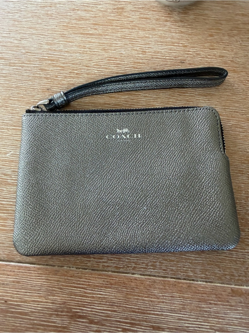 Coach Metallic Pewter Leather Wristlet with Strap